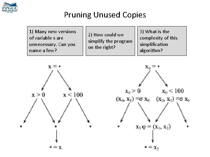 Pruning Unused Copies 1) Many new versions of variable x are unnecessary. Can you