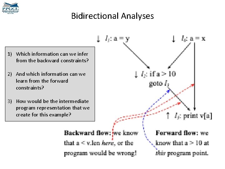 Bidirectional Analyses 1) Which information can we infer from the backward constraints? 2) And