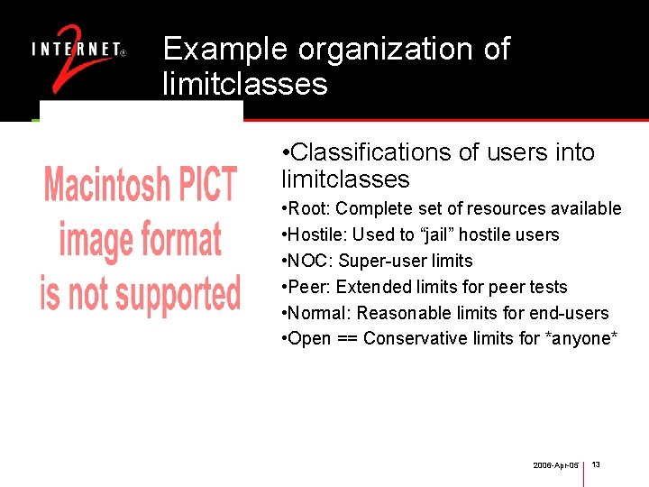 Example organization of limitclasses • Classifications of users into limitclasses • Root: Complete set