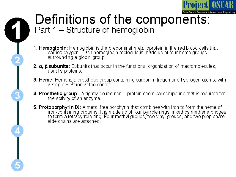 1 2 Definitions of the components: Part 1 – Structure of hemoglobin 1. Hemoglobin: