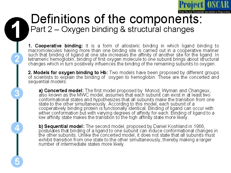 1 2 3 4 Definitions of the components: Part 2 – Oxygen binding &