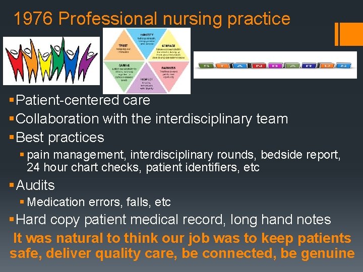 1976 Professional nursing practice § Patient-centered care § Collaboration with the interdisciplinary team §