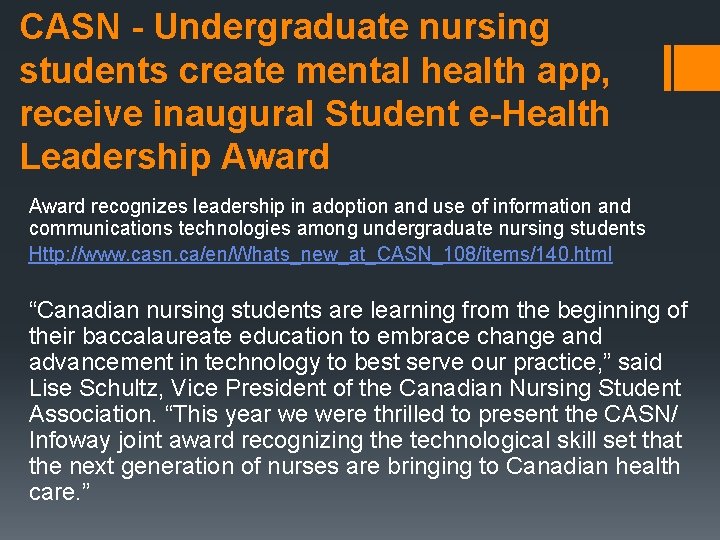 CASN - Undergraduate nursing students create mental health app, receive inaugural Student e-Health Leadership
