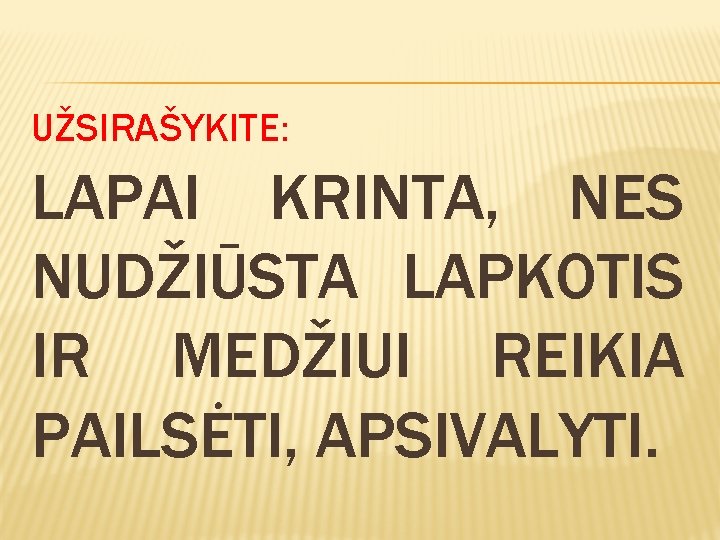 UŽSIRAŠYKITE: LAPAI KRINTA, NES NUDŽIŪSTA LAPKOTIS IR MEDŽIUI REIKIA PAILSĖTI, APSIVALYTI. 