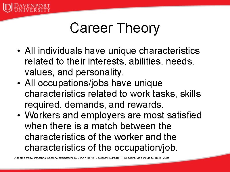 Career Theory • All individuals have unique characteristics related to their interests, abilities, needs,