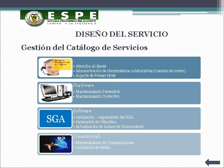 DISEÑO DEL SERVICIO Gestión del Catálogo de Servicios • Atención al cliente • Administración