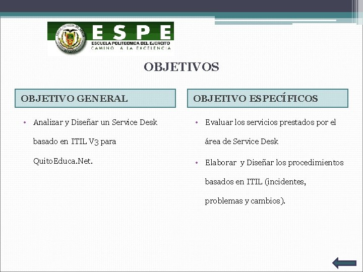 OBJETIVOS OBJETIVO GENERAL • Analizar y Diseñar un Service Desk basado en ITIL V