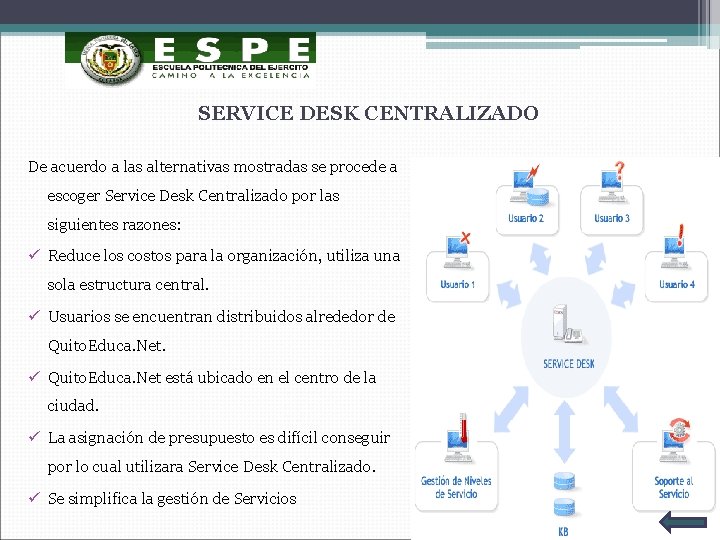 SERVICE DESK CENTRALIZADO De acuerdo a las alternativas mostradas se procede a escoger Service