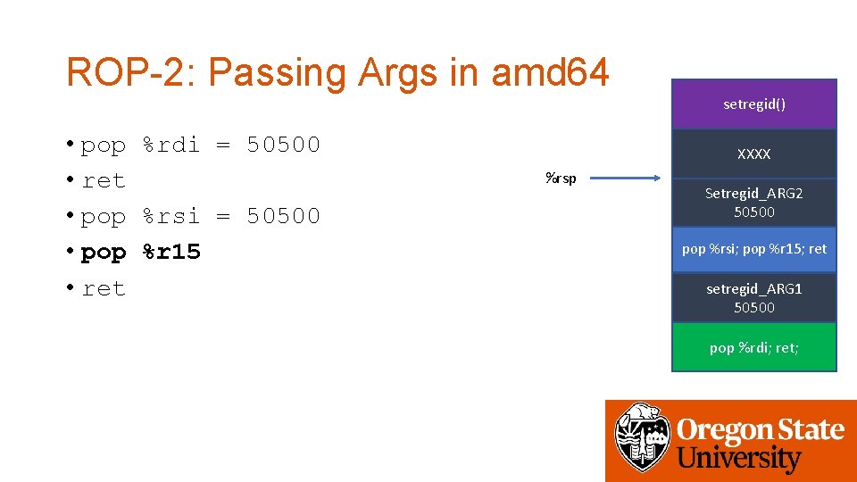 ROP-2: Passing Args in amd 64 setregid() • pop %rdi = 50500 • ret