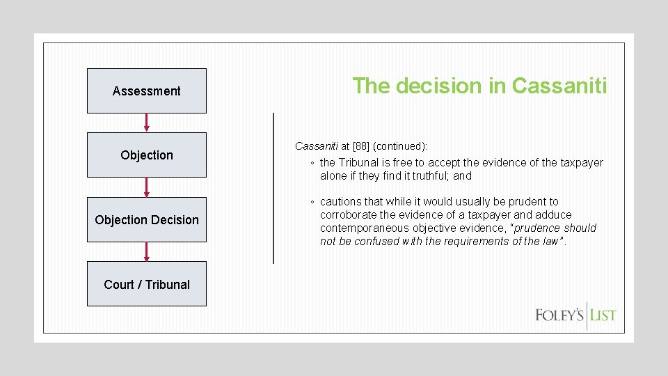 Assessment Objection Decision Court / Tribunal The decision in Cassaniti at [88] (continued): ◦