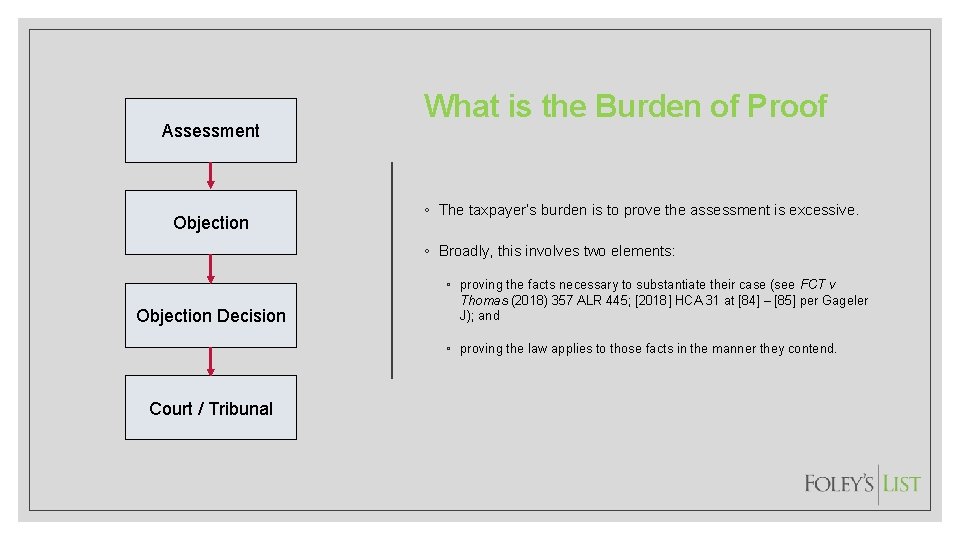 Assessment Objection What is the Burden of Proof ◦ The taxpayer’s burden is to