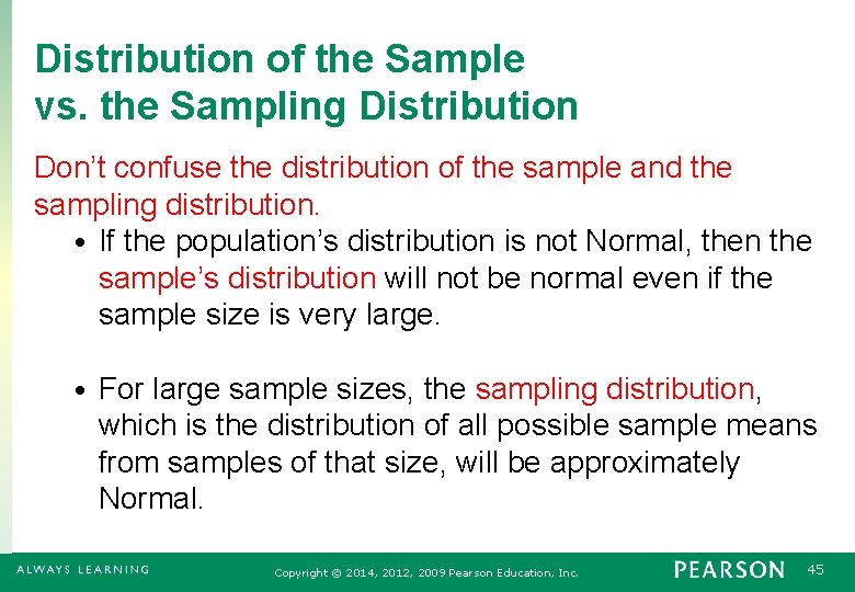 Distribution of the Sample vs. the Sampling Distribution Don’t confuse the distribution of the
