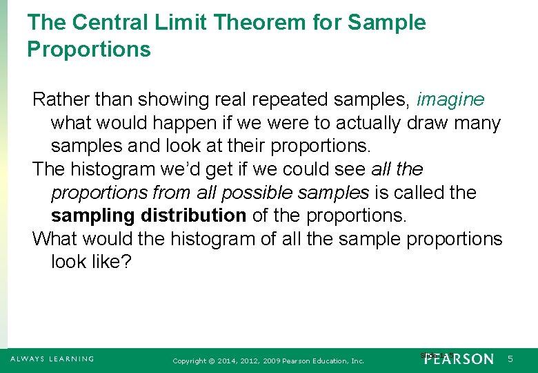 The Central Limit Theorem for Sample Proportions Rather than showing real repeated samples, imagine