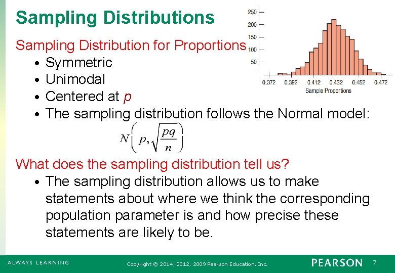 Sampling Distributions Sampling Distribution for Proportions • Symmetric • Unimodal • Centered at p