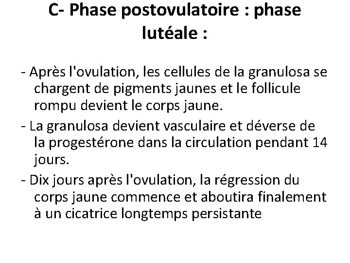 C- Phase postovulatoire : phase lutéale : - Après l'ovulation, les cellules de la