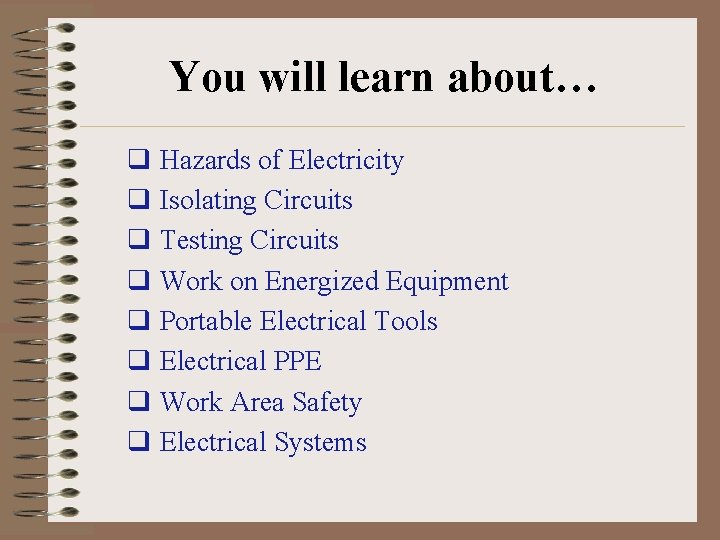 You will learn about… q Hazards of Electricity q Isolating Circuits q Testing Circuits