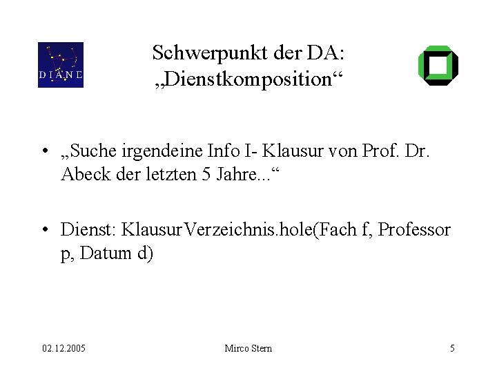 Schwerpunkt der DA: „Dienstkomposition“ • „Suche irgendeine Info I- Klausur von Prof. Dr. Abeck