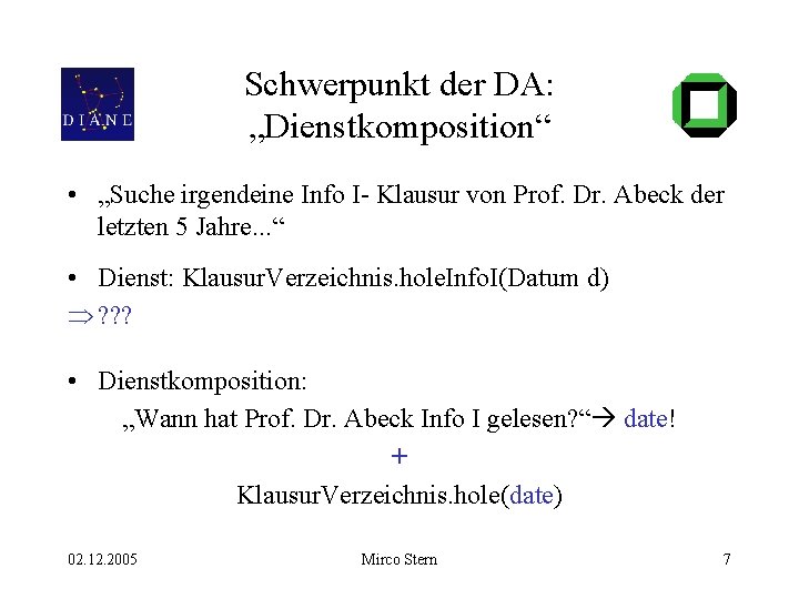 Schwerpunkt der DA: „Dienstkomposition“ • „Suche irgendeine Info I- Klausur von Prof. Dr. Abeck