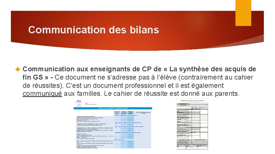 Communication des bilans Communication aux enseignants de CP de « La synthèse des acquis