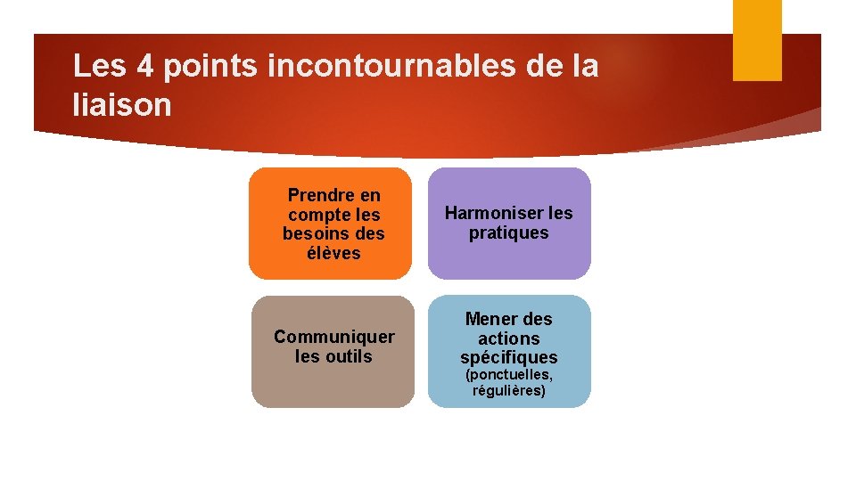 Les 4 points incontournables de la liaison Prendre en compte les besoins des élèves