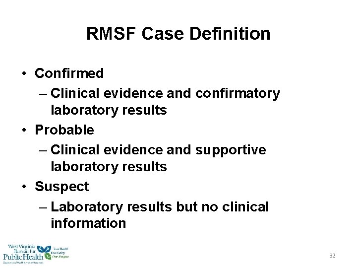 RMSF Case Definition • Confirmed – Clinical evidence and confirmatory laboratory results • Probable