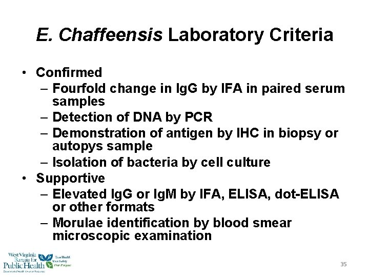 E. Chaffeensis Laboratory Criteria • Confirmed – Fourfold change in Ig. G by IFA