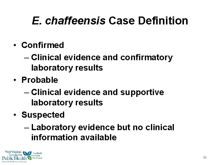 E. chaffeensis Case Definition • Confirmed – Clinical evidence and confirmatory laboratory results •