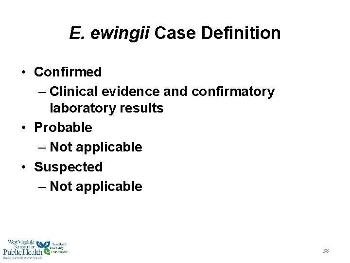 E. ewingii Case Definition • Confirmed – Clinical evidence and confirmatory laboratory results •