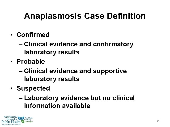 Anaplasmosis Case Definition • Confirmed – Clinical evidence and confirmatory laboratory results • Probable