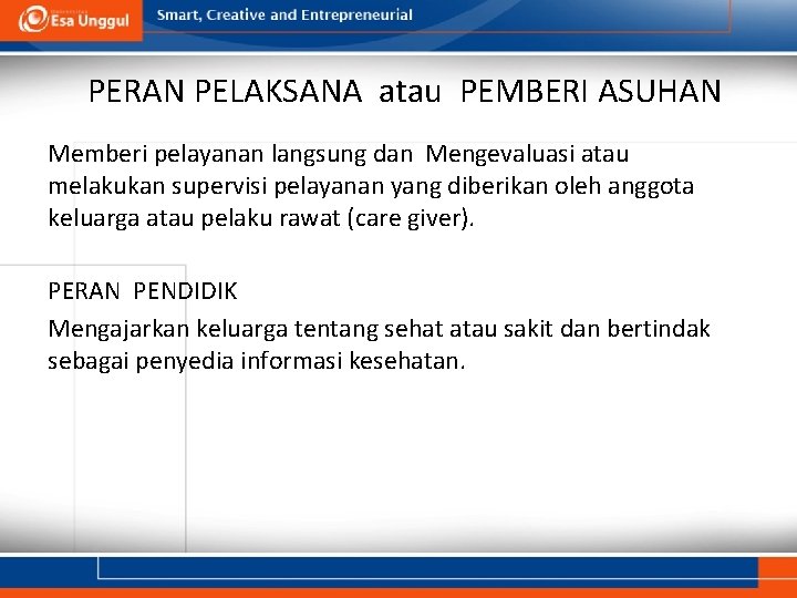 PERAN PELAKSANA atau PEMBERI ASUHAN Memberi pelayanan langsung dan Mengevaluasi atau melakukan supervisi pelayanan