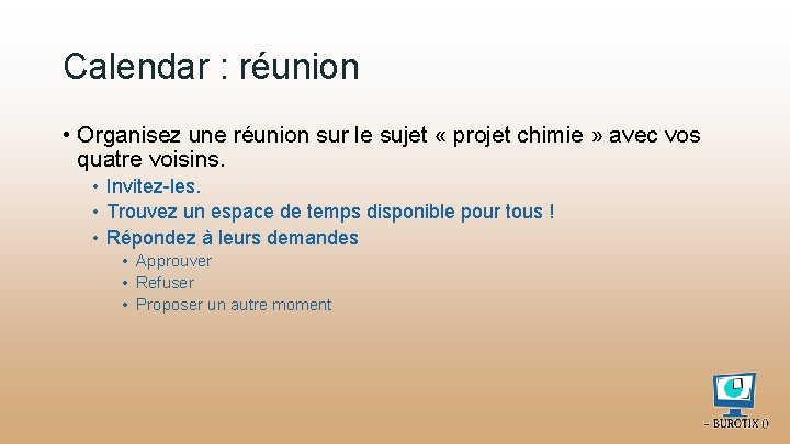 Calendar : réunion • Organisez une réunion sur le sujet « projet chimie »