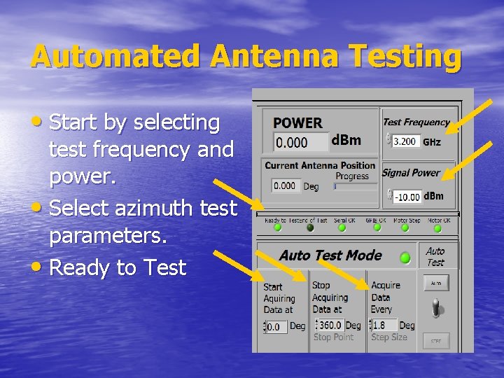 Automated Antenna Testing • Start by selecting test frequency and power. • Select azimuth