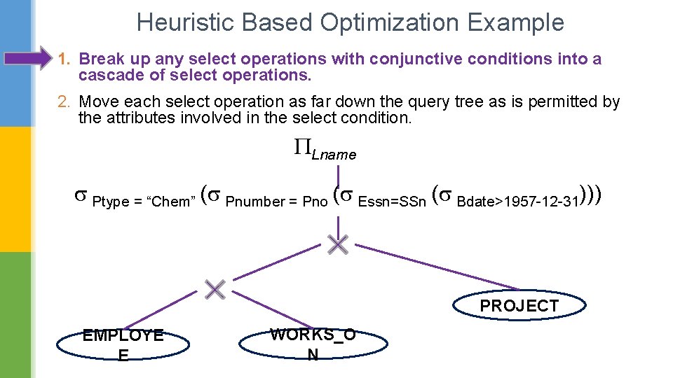 Heuristic Based Optimization Example 1. Break up any select operations with conjunctive conditions into