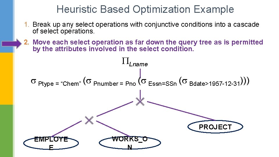 Heuristic Based Optimization Example 1. Break up any select operations with conjunctive conditions into