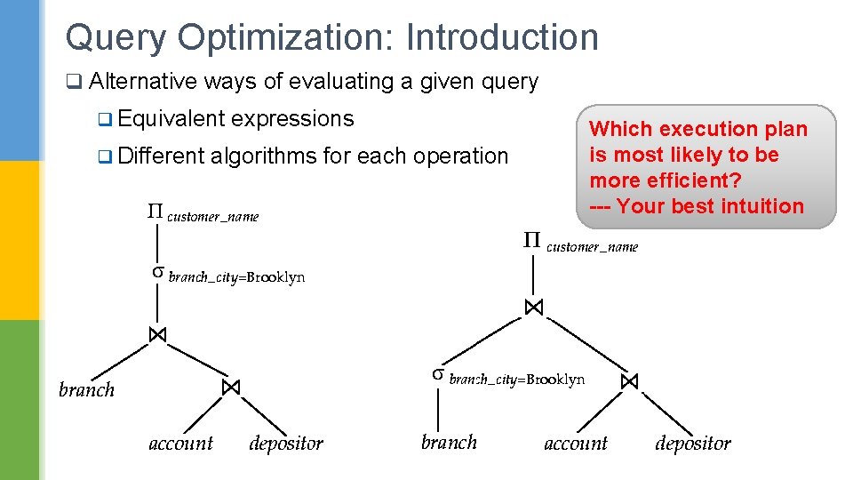 Query Optimization: Introduction q Alternative ways of evaluating a given query q Equivalent q