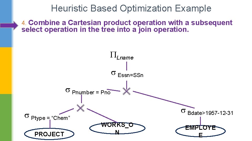 Heuristic Based Optimization Example 4. Combine a Cartesian product operation with a subsequent select