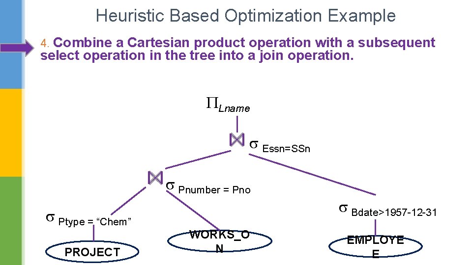 Heuristic Based Optimization Example 4. Combine a Cartesian product operation with a subsequent select