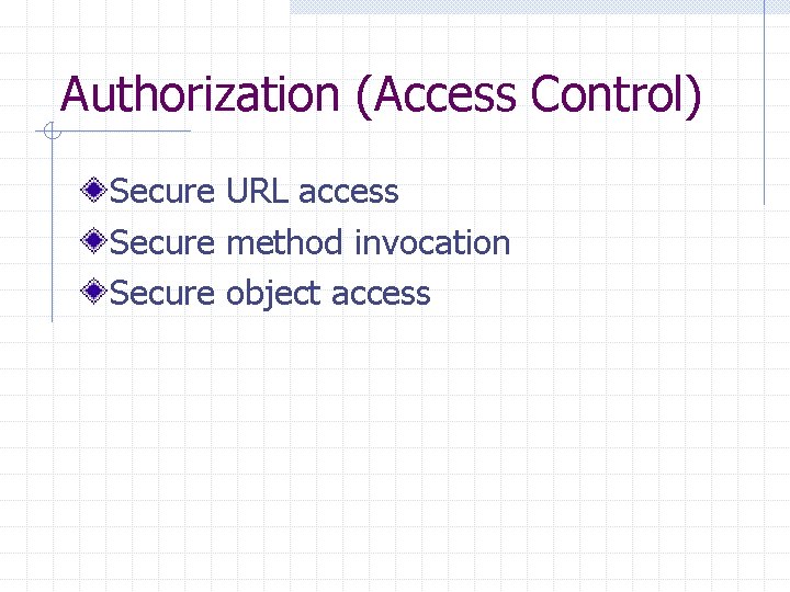 Authorization (Access Control) Secure URL access Secure method invocation Secure object access 