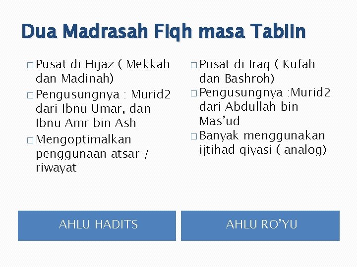 Dua Madrasah Fiqh masa Tabiin � Pusat di Hijaz ( Mekkah dan Madinah) �