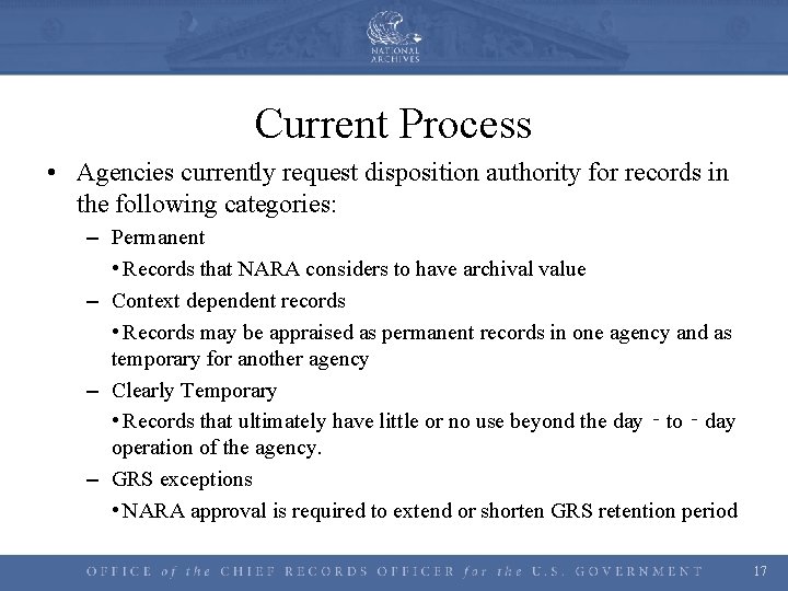 Current Process • Agencies currently request disposition authority for records in the following categories: