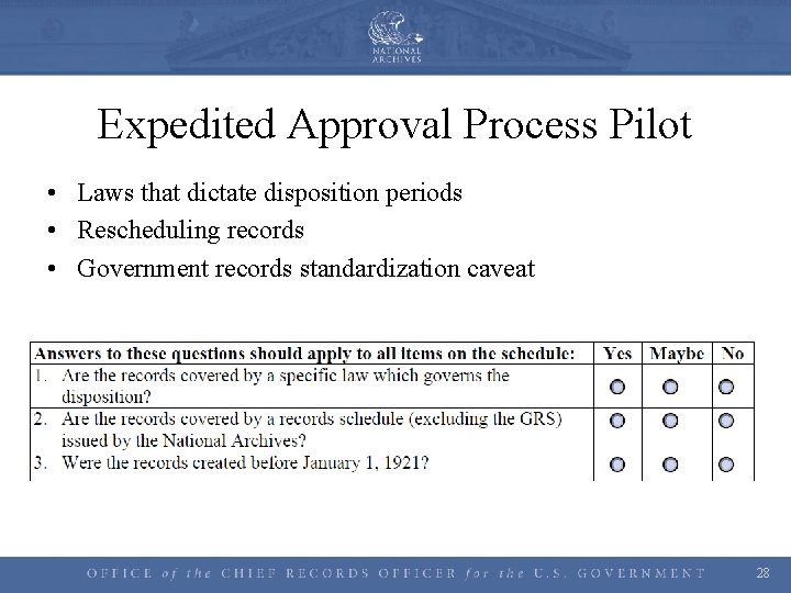 Expedited Approval Process Pilot • Laws that dictate disposition periods • Rescheduling records •