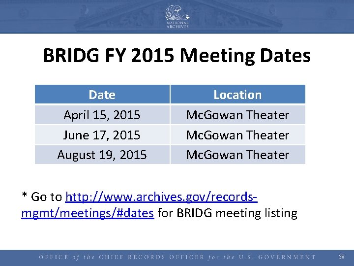 BRIDG FY 2015 Meeting Dates Date April 15, 2015 June 17, 2015 August 19,