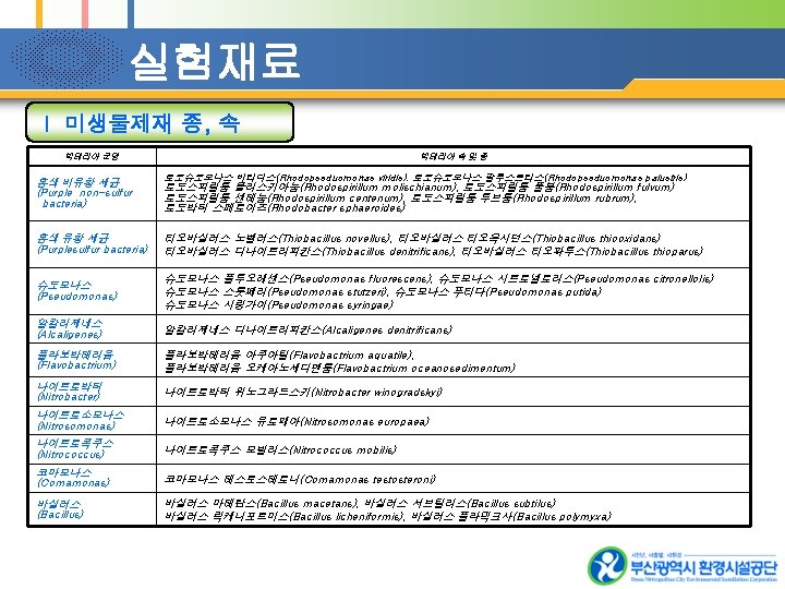 실험재료 Ⅰ 미생물제재 종, 속 박테리아 군명 박테리아 속 및 종 홍색 비유황 세균