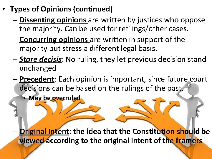  • Types of Opinions (continued) – Dissenting opinions are written by justices who