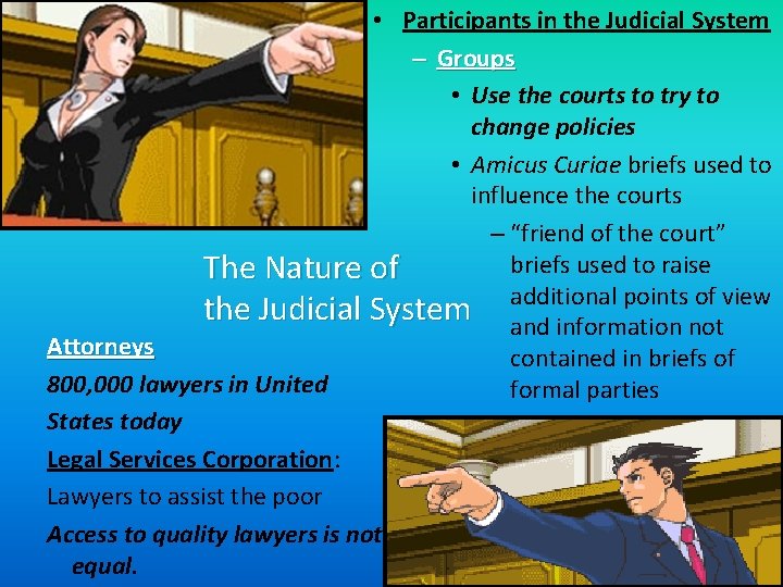  • Participants in the Judicial System – Groups • Use the courts to