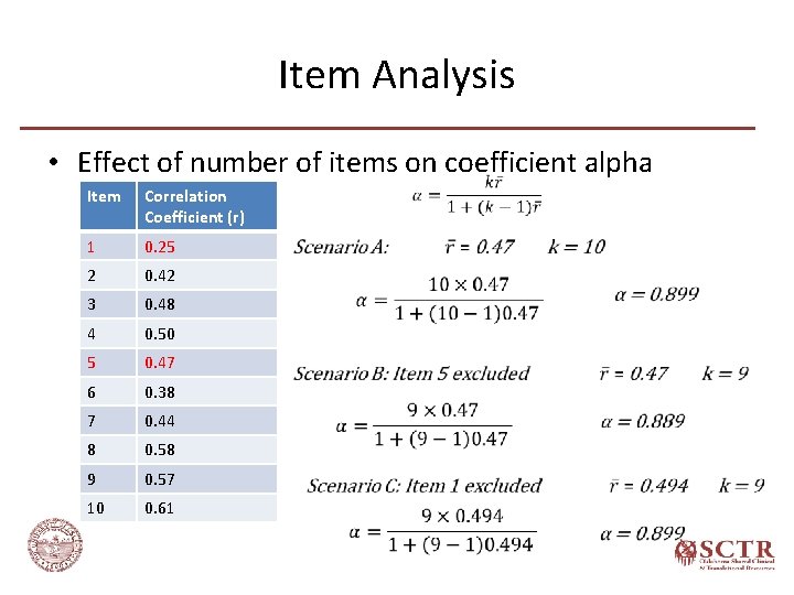 Item Analysis • Effect of number of items on coefficient alpha Item Correlation Coefficient