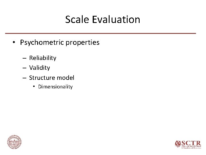 Scale Evaluation • Psychometric properties – Reliability – Validity – Structure model • Dimensionality