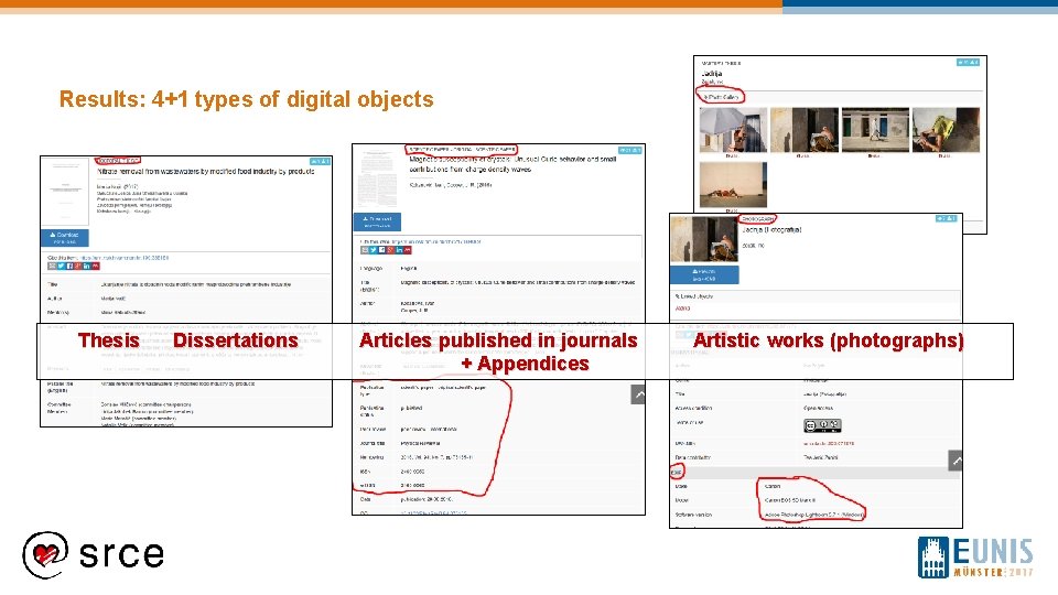 Results: 4+1 types of digital objects Thesis Dissertations Articles published in journals + Appendices