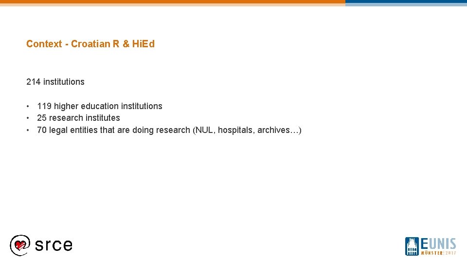 Context - Croatian R & Hi. Ed 214 institutions • 119 higher education institutions