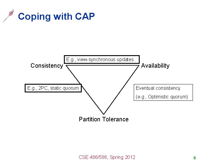 Coping with CAP E. g. , view-synchronous updates Consistency Availability E. g. , 2